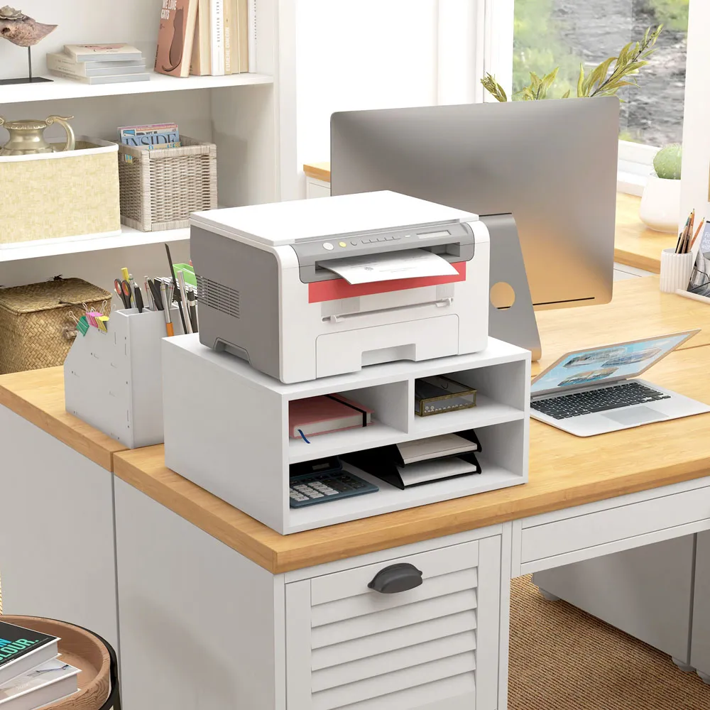 3 Compartment Desktop Printer Stand - White