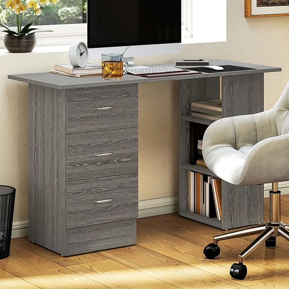 3 Drawer 3 Shelf Computer Desk - Grey, Particle Board