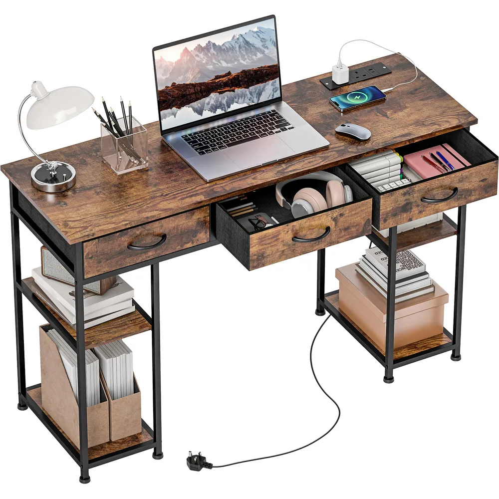 3 Drawer 4 Shelf Computer Desk with Power Outlets - Brown