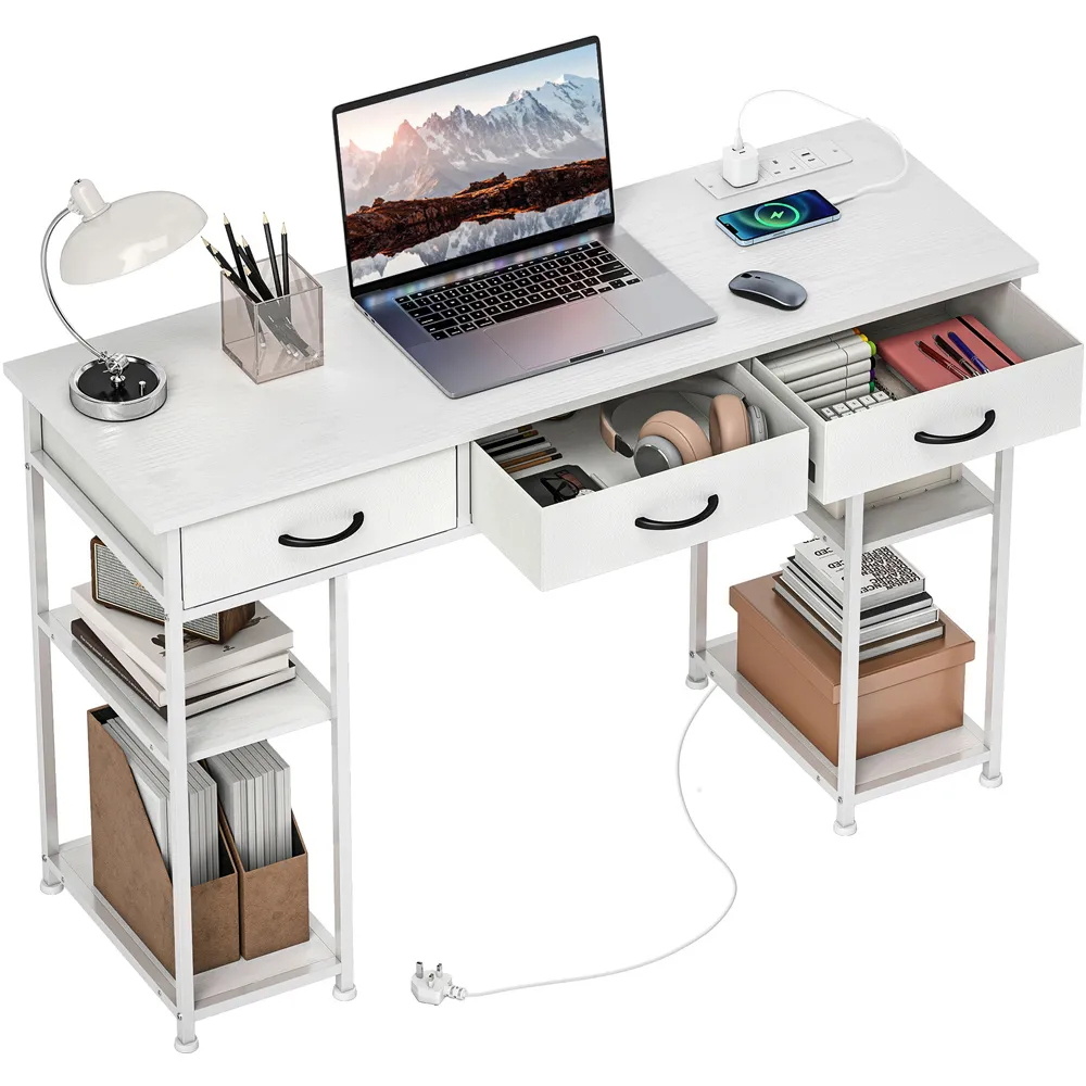 3 Drawer 4 Shelf Computer Desk with Power Outlets - White