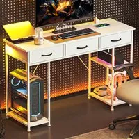 3 Drawer 4 Shelf Computer Desk with Power Outlets - White