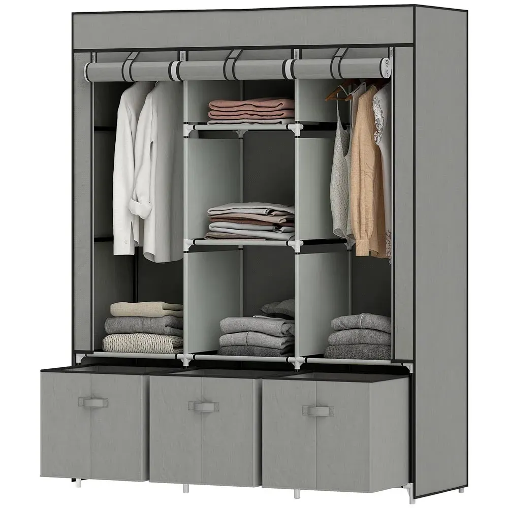 3 Drawer 5 Shelf Portable Wardrobe with Hanging Rails - Grey