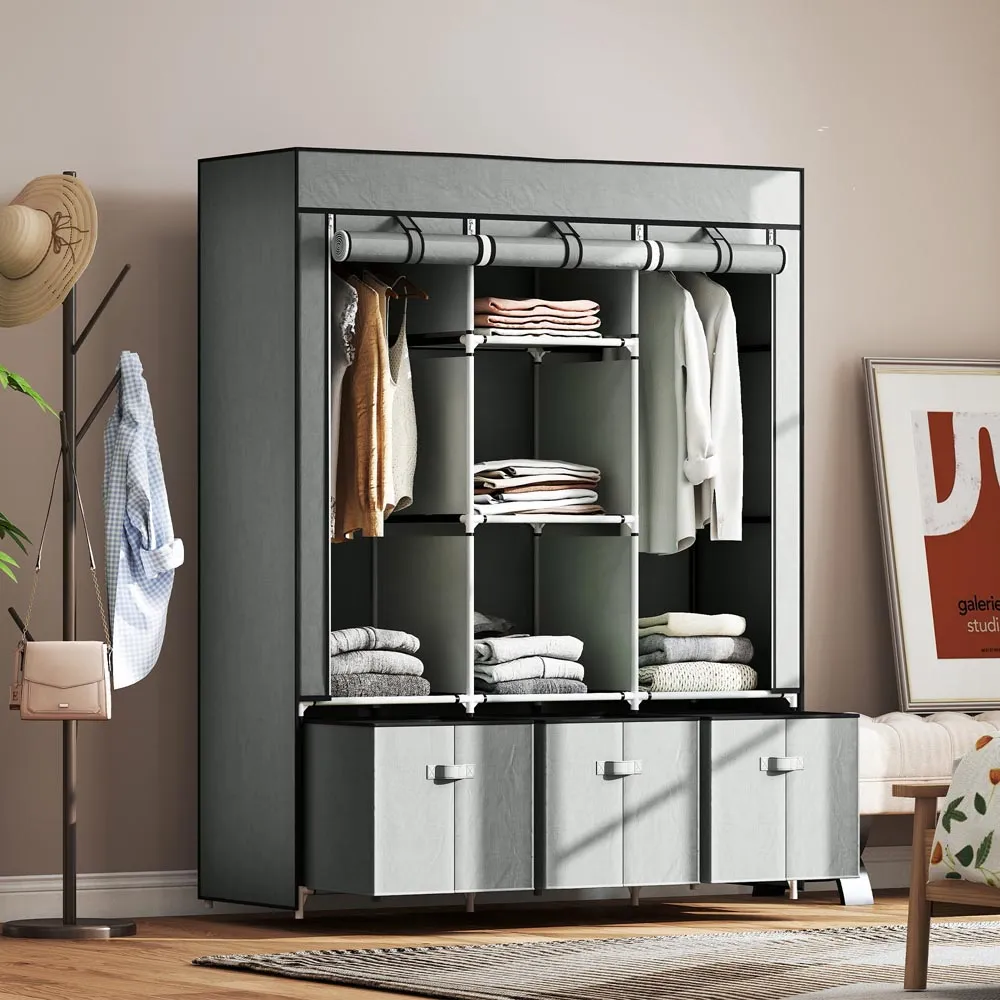 3 Drawer 5 Shelf Portable Wardrobe with Hanging Rails - Grey