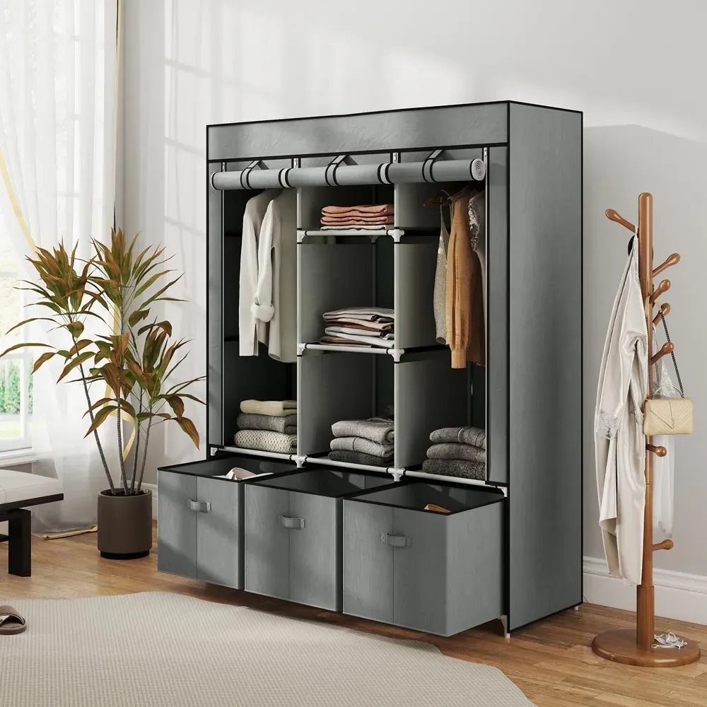 3 Drawer 5 Shelf Portable Wardrobe with Hanging Rails - Grey