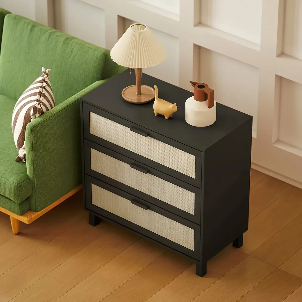 3 Drawer Storage Cabinet - Black, Rattan