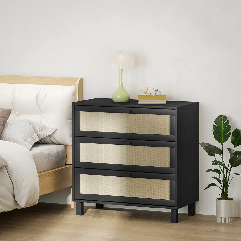 3 Drawer Storage Cabinet - Black, Rattan