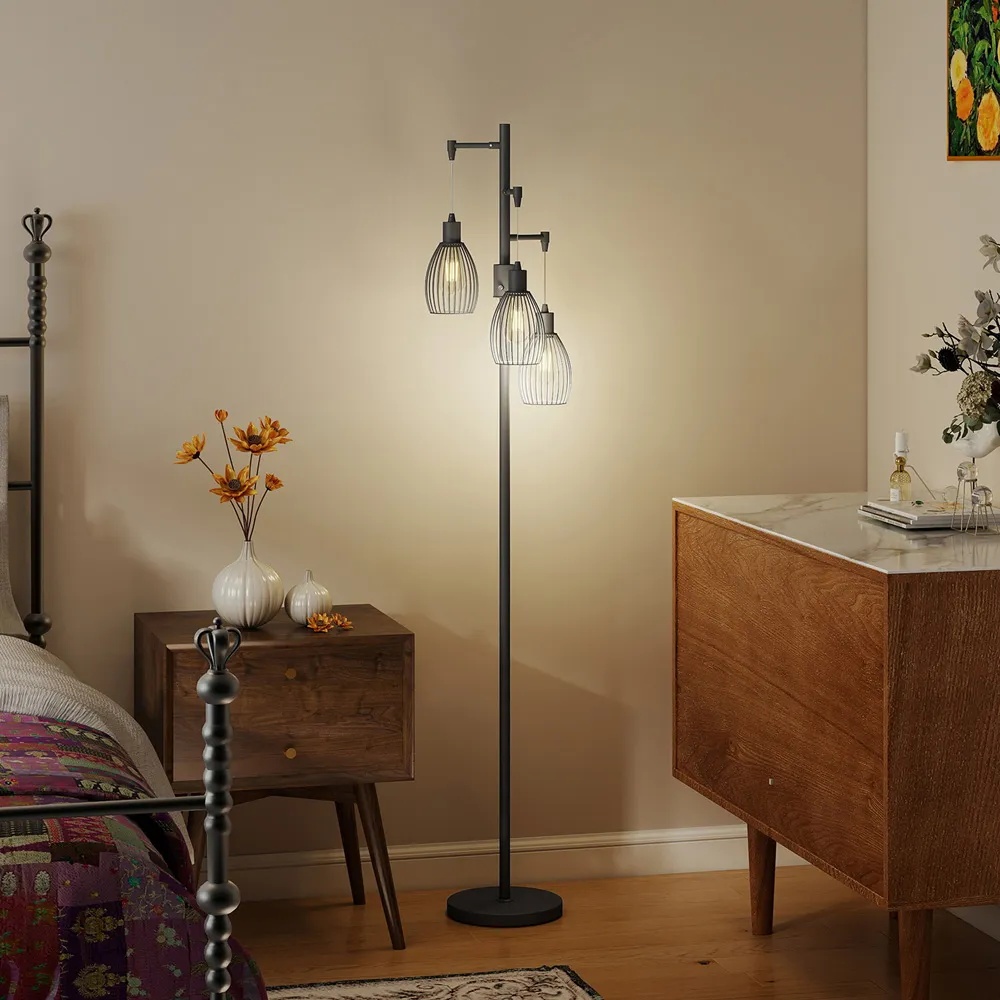 3 Light Industrial Dimmable LED Floor Lamp - Black