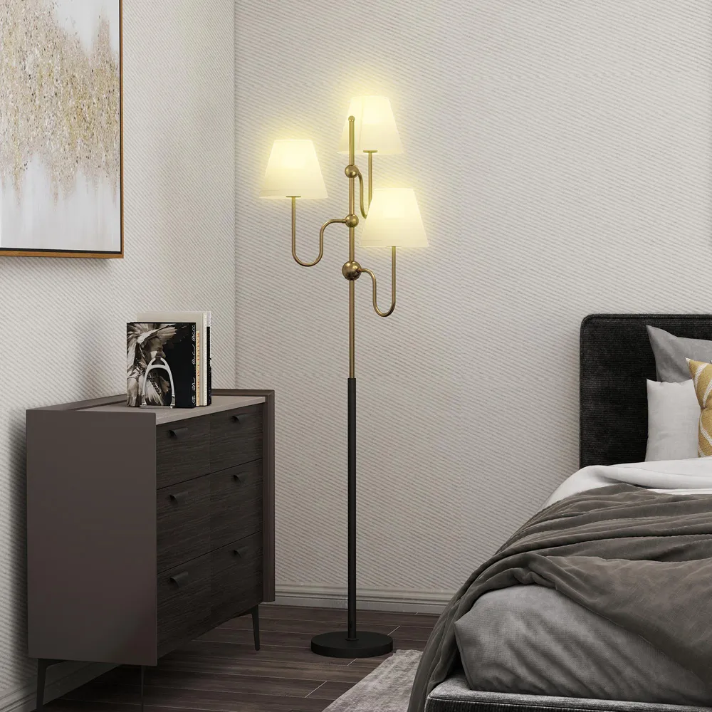 3 Light Linen Shade Floor Lamp with Foot Switch - Gold