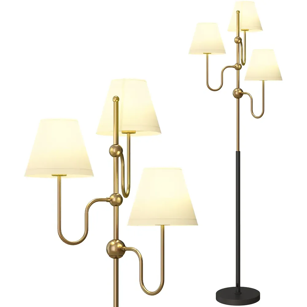 3 Light Linen Shade Floor Lamp with Foot Switch - Gold
