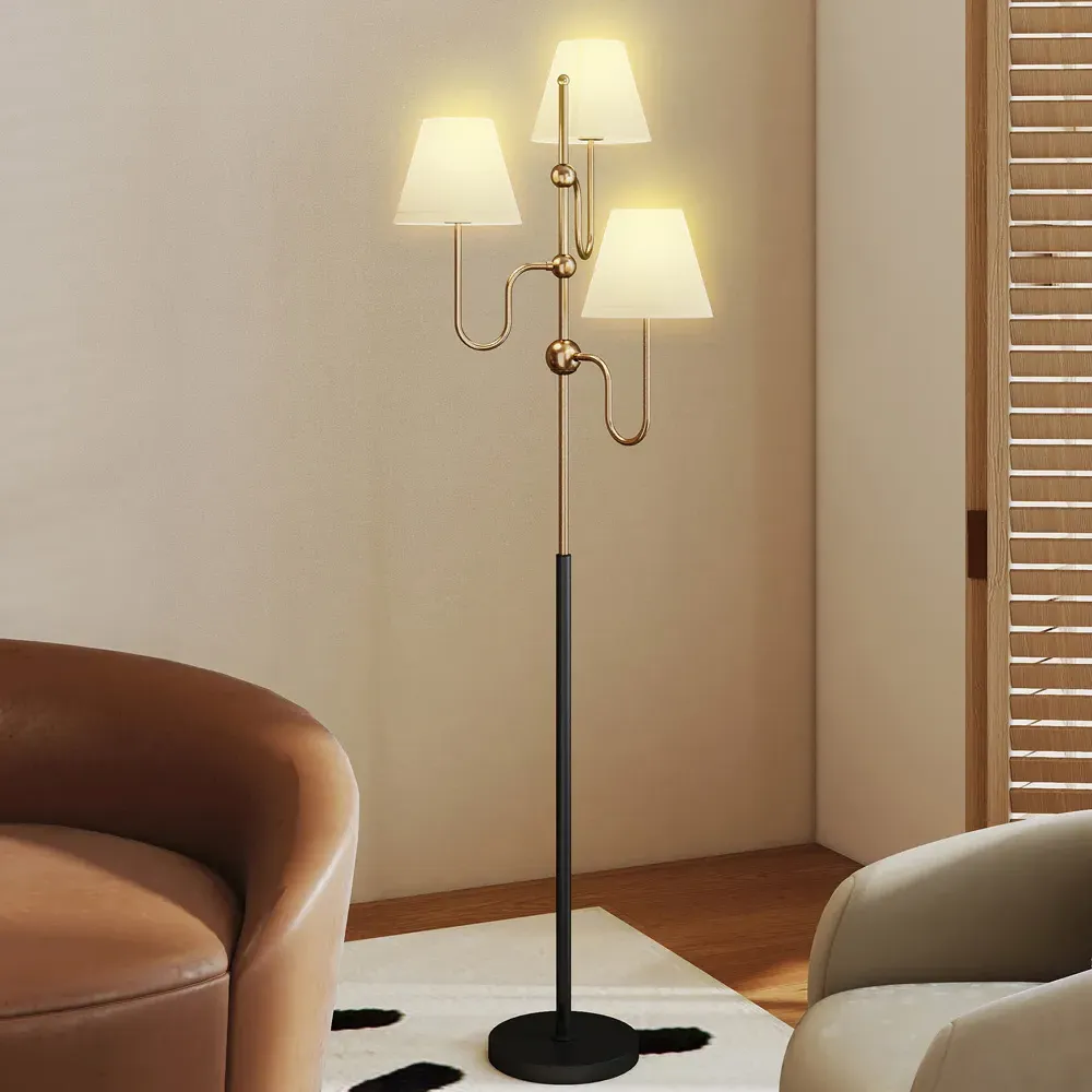 3 Light Linen Shade Floor Lamp with Foot Switch - Gold