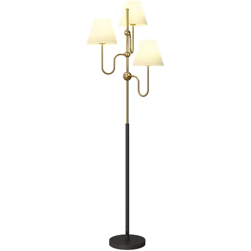 3 Light Linen Shade Floor Lamp with Foot Switch - Gold