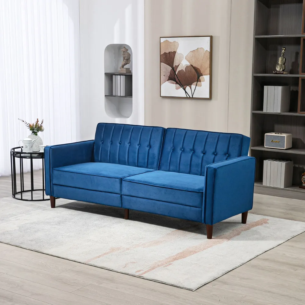 3-Seater Button Tufted Sofa Bed with Reclining - Blue, Velvet