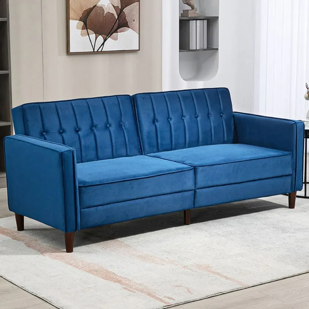3-Seater Button Tufted Sofa Bed with Reclining - Blue, Velvet image