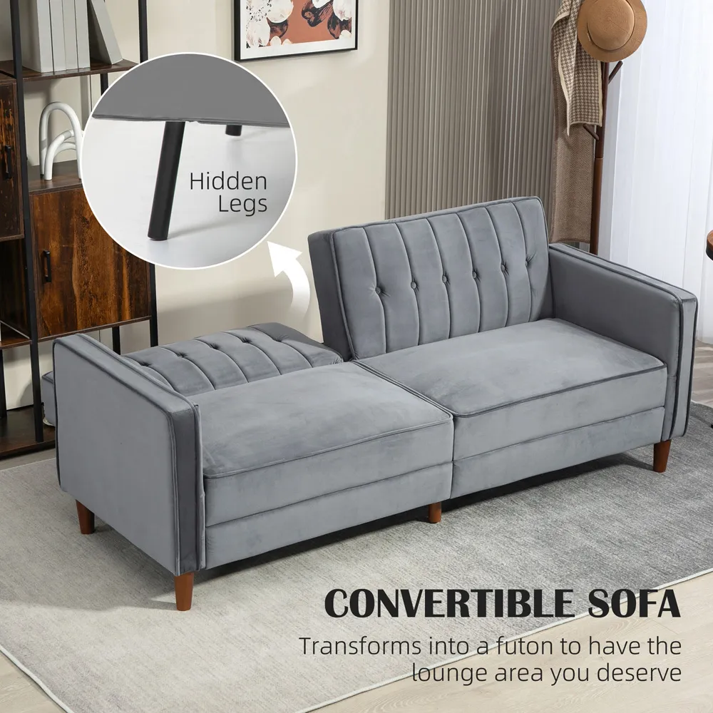 3-Seater Button Tufted Sofa Bed with Reclining - Dark Grey, Velvet