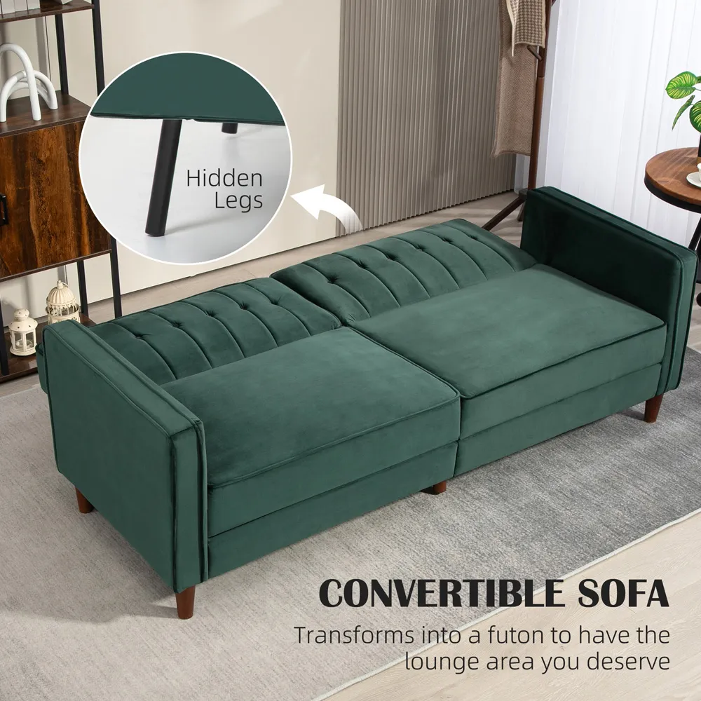 3-Seater Button Tufted Sofa Bed with Reclining - Green, Velvet