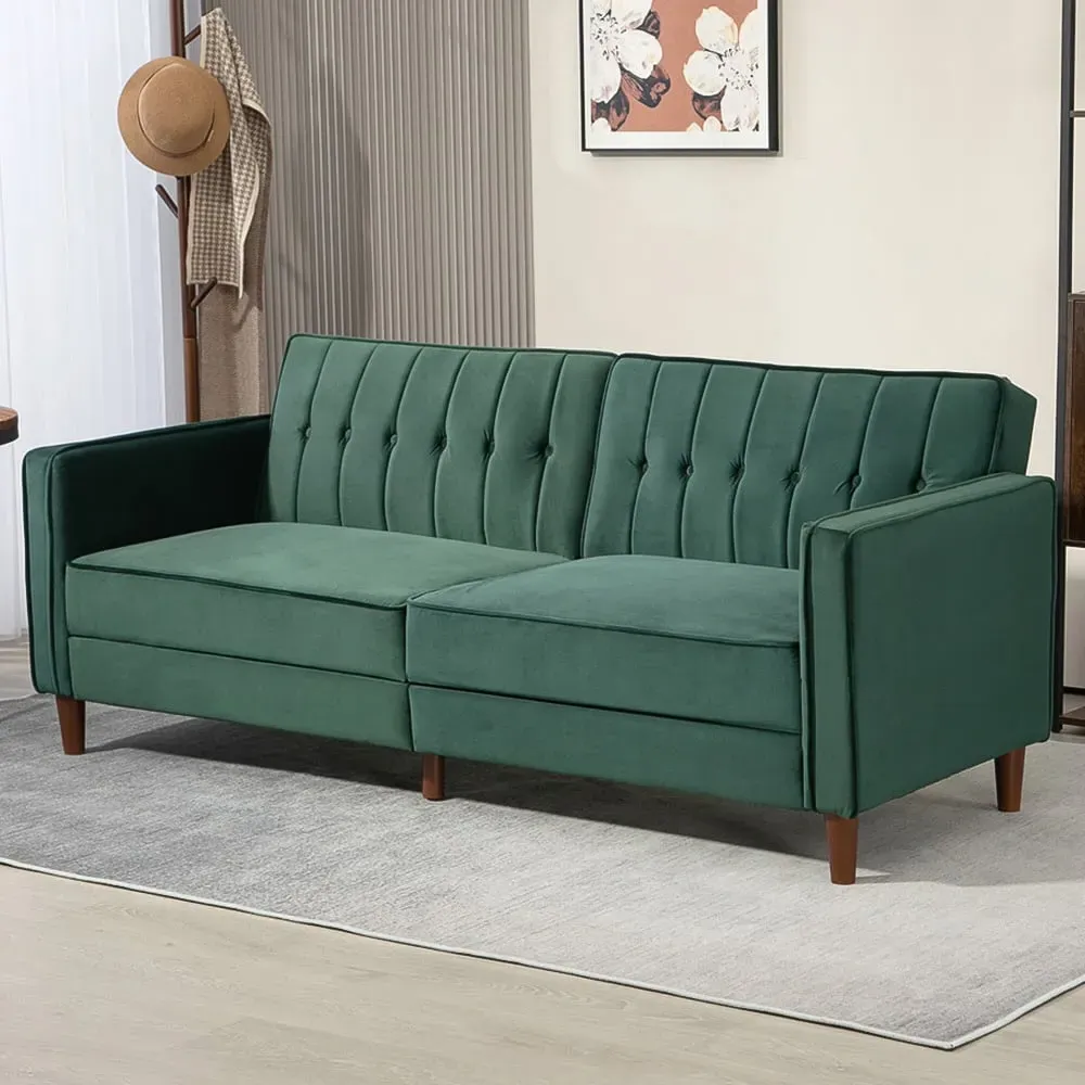 3-Seater Button Tufted Sofa Bed with Reclining - Green, Velvet