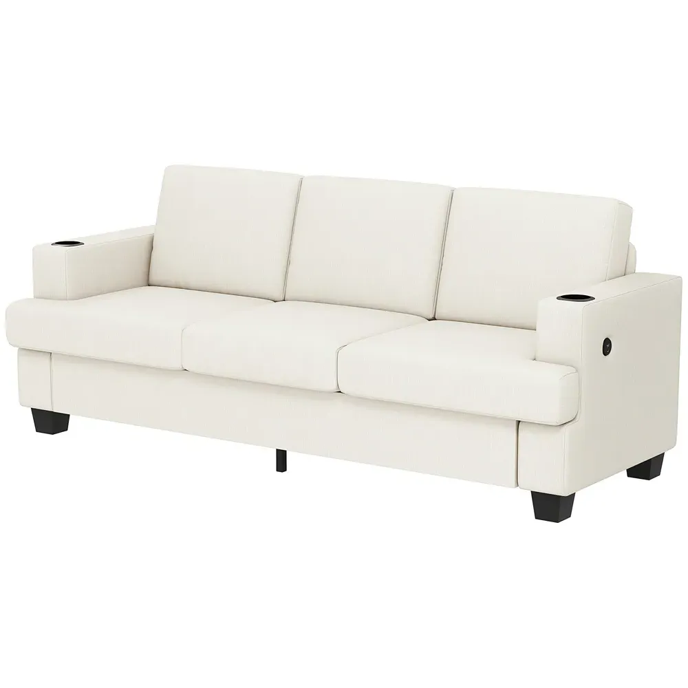 3-Seater Fabric Sofa with USB Ports - Cream