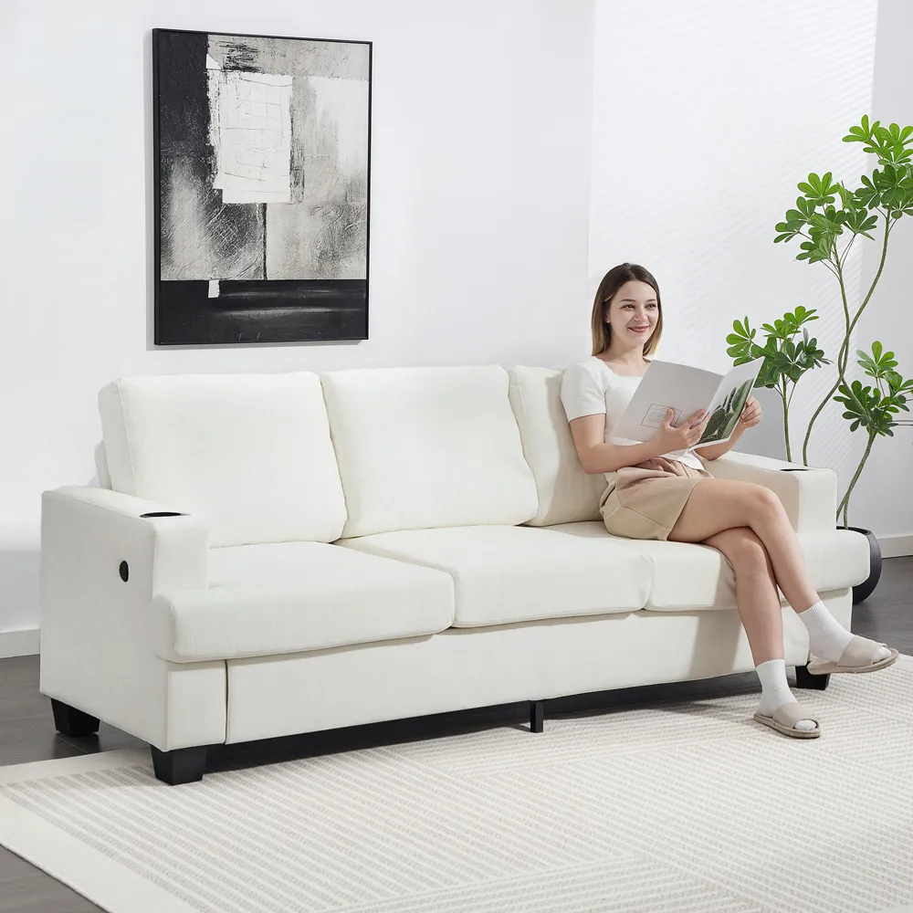 3-Seater Fabric Sofa with USB Ports - Cream