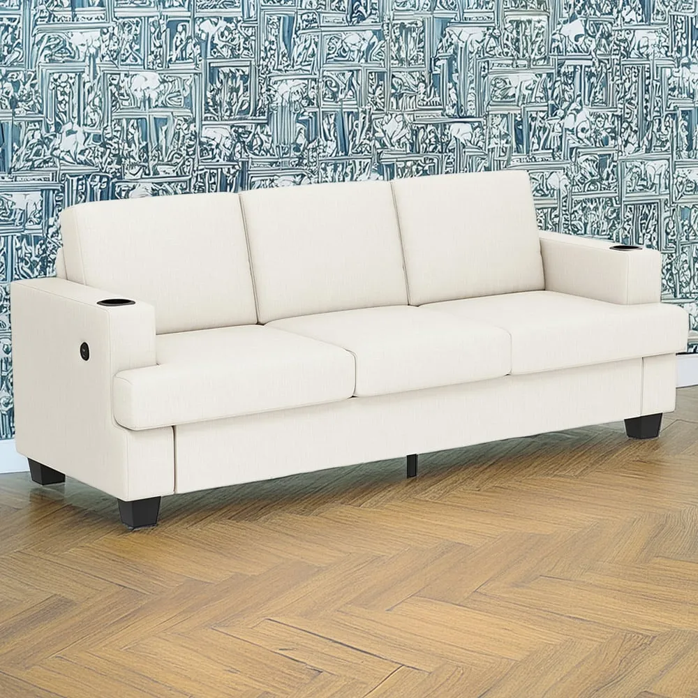 3-Seater Fabric Sofa with USB Ports - Cream image