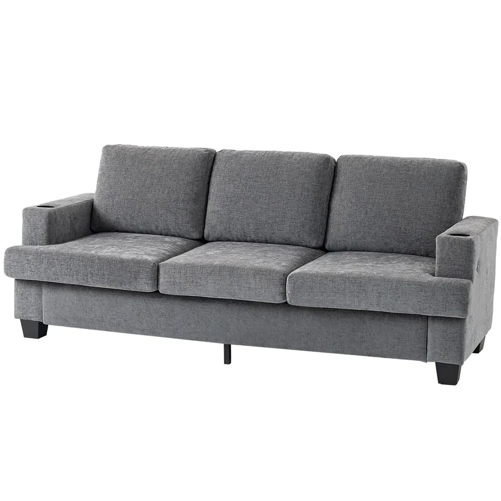 3-Seater Fabric Sofa with USB Ports - Grey
