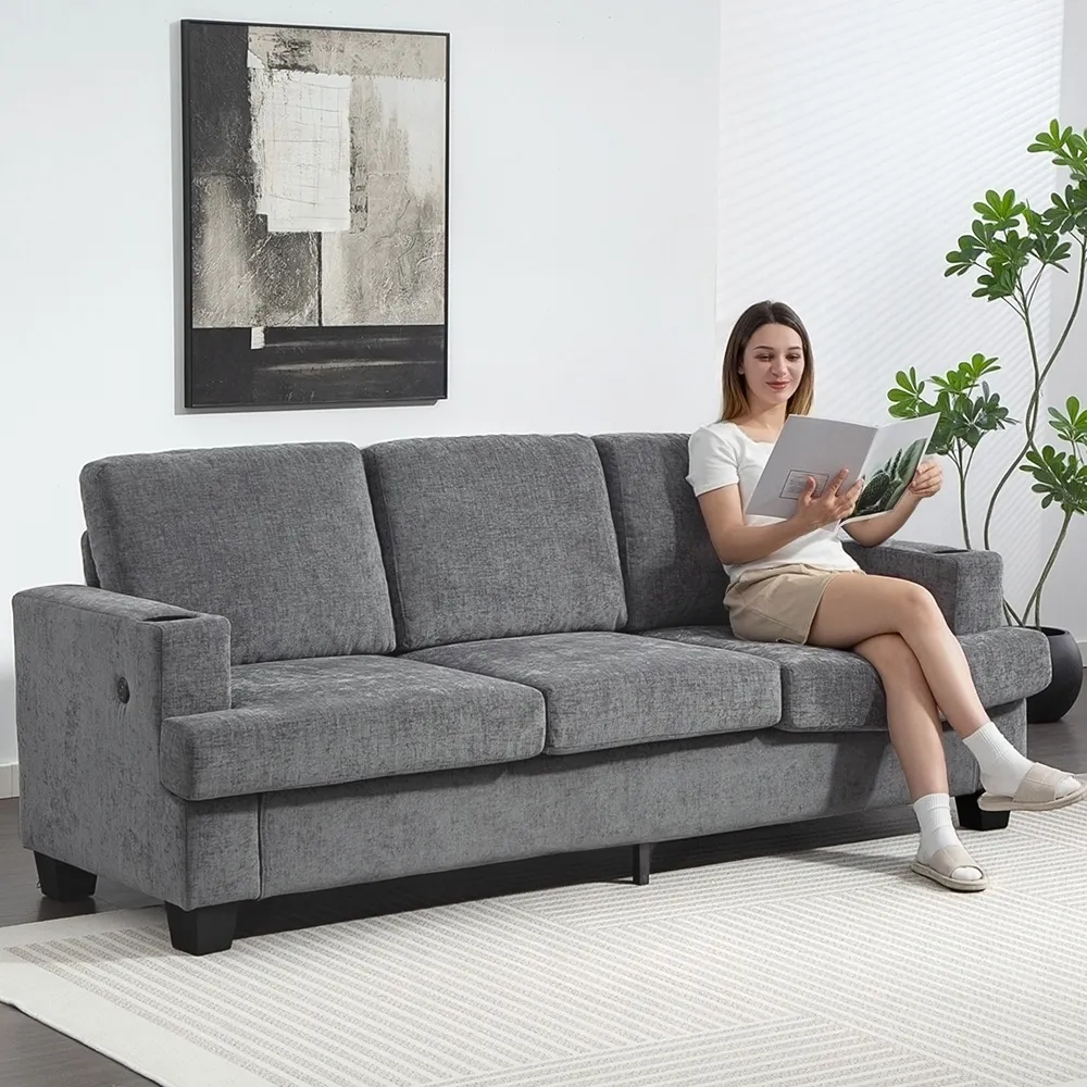 3-Seater Fabric Sofa with USB Ports - Grey