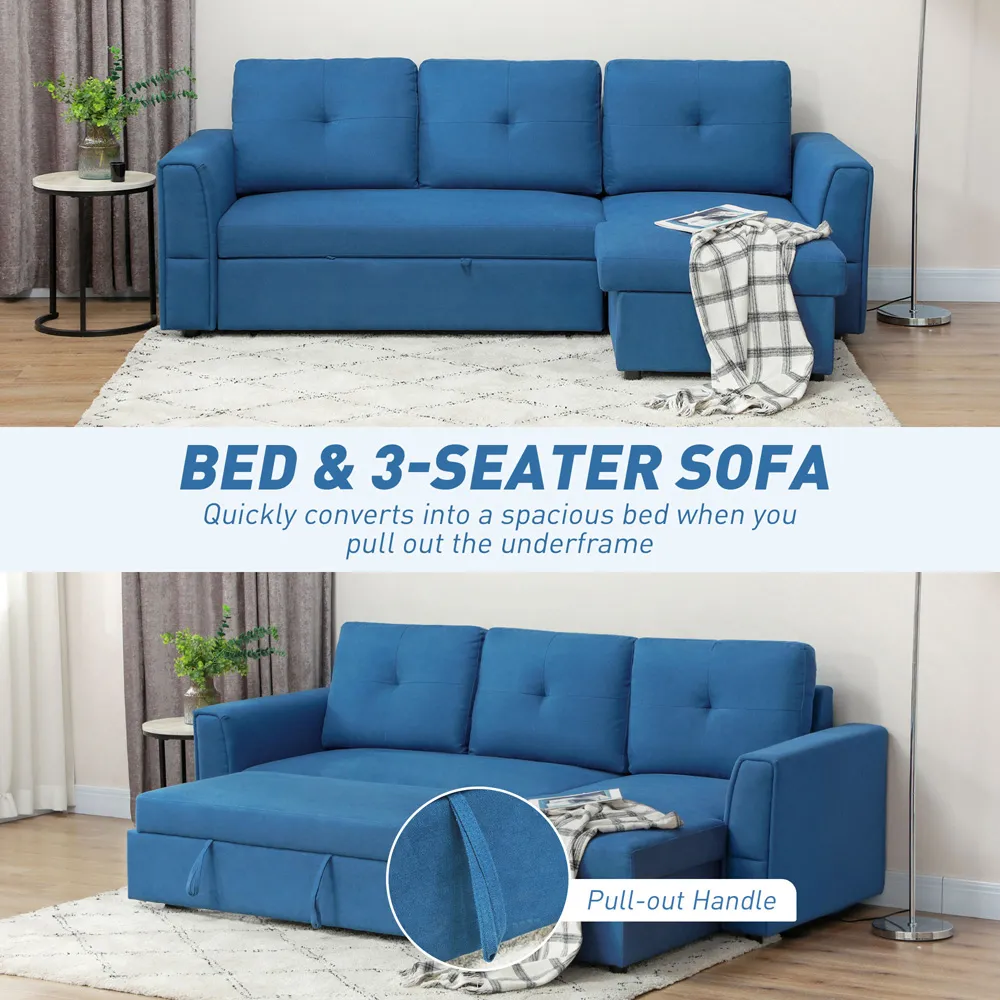 3-Seater L-Shaped Corner Sofa Bed with Storage - Blue