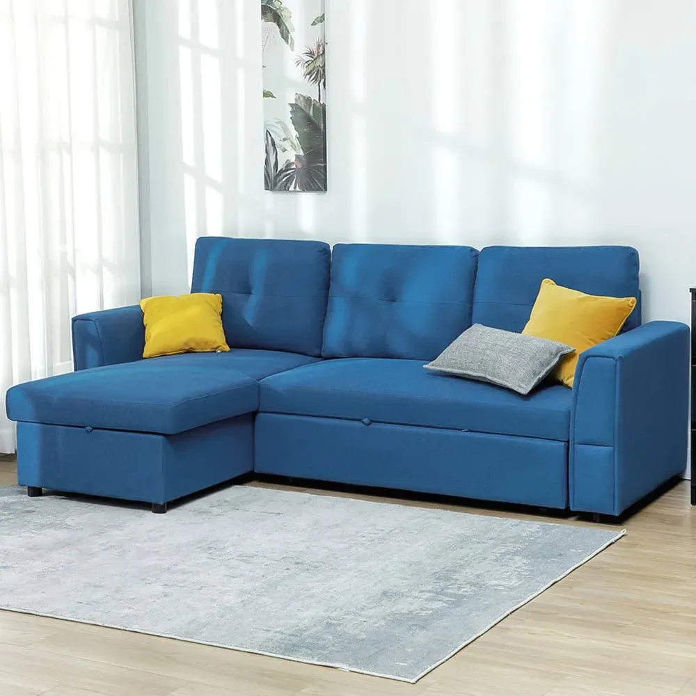 3-Seater L-Shaped Corner Sofa Bed with Storage - Blue