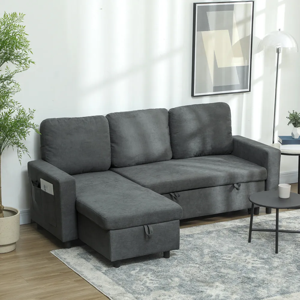 3-Seater L-Shaped Corner Sofa Bed with Storage - Dark Grey