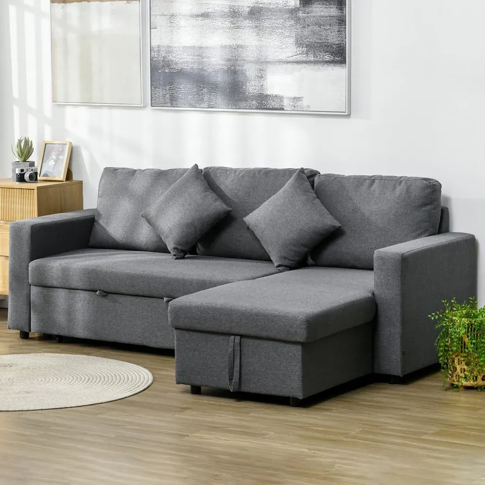 3-Seater L-Shaped Corner Sofa Bed with Storage - Grey