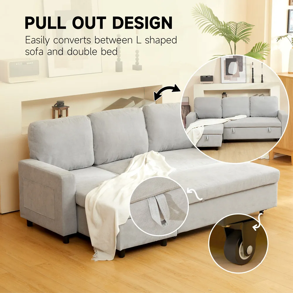 3-Seater L-Shaped Corner Sofa Bed with Storage - Grey