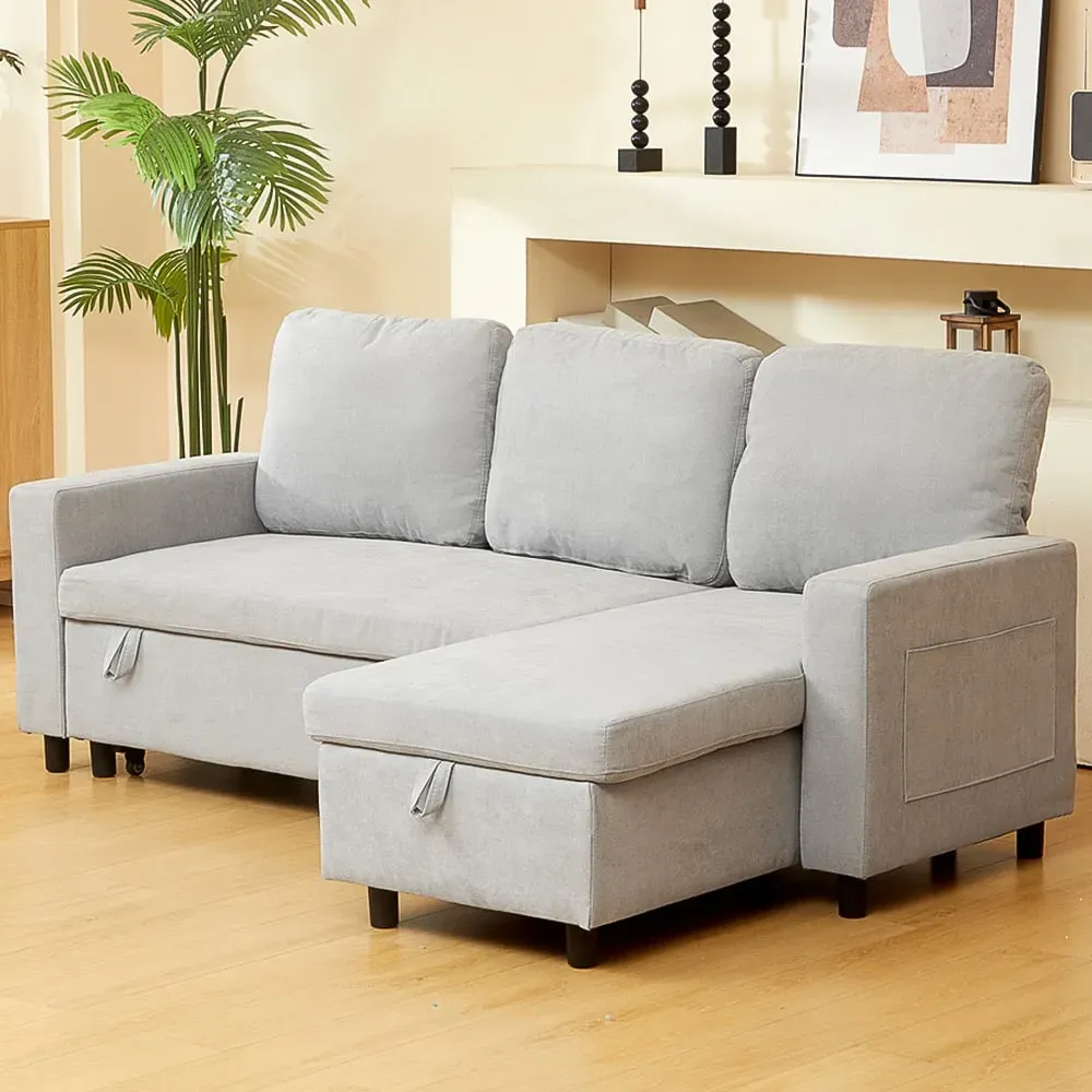 3-Seater L-Shaped Corner Sofa Bed with Storage - Grey image