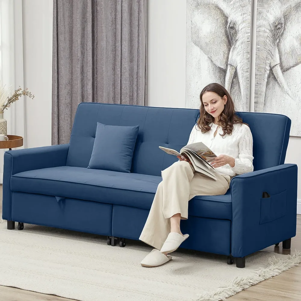 3-Seater L-Shaped Sofa Bed with Pull Out - Blue