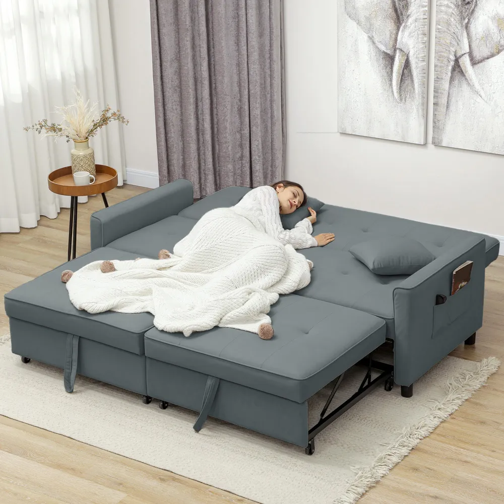 3-Seater L-Shaped Sofa Bed with Pull Out - Grey