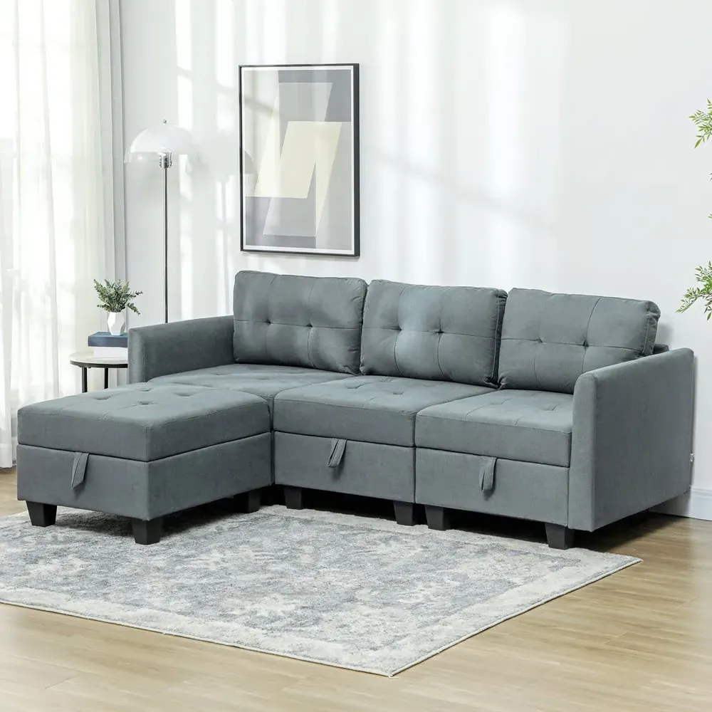 3-Seater L-Shaped Sofa with Storage - Grey