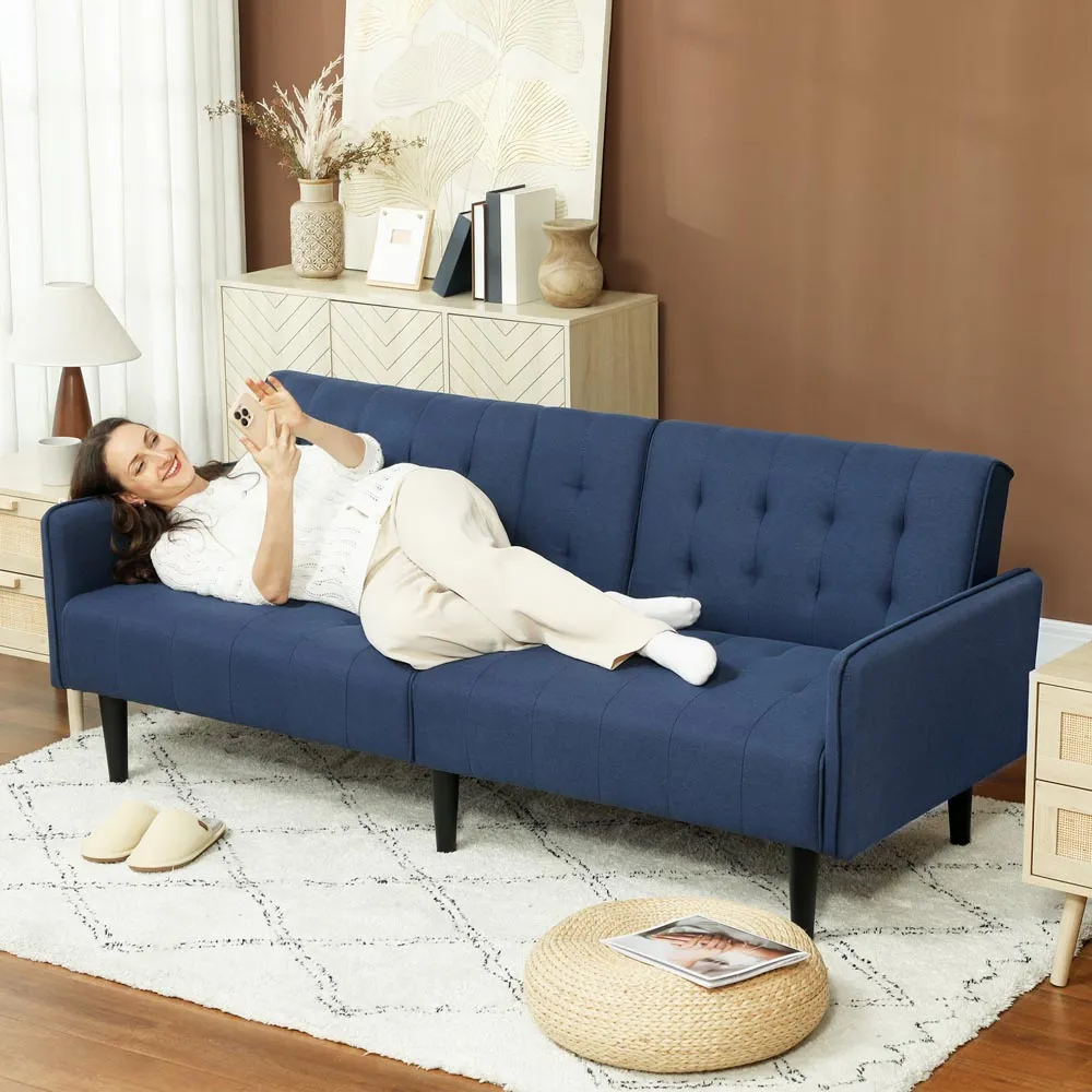 3-Seater Sofa Bed with Storage - Blue, Linen-Look