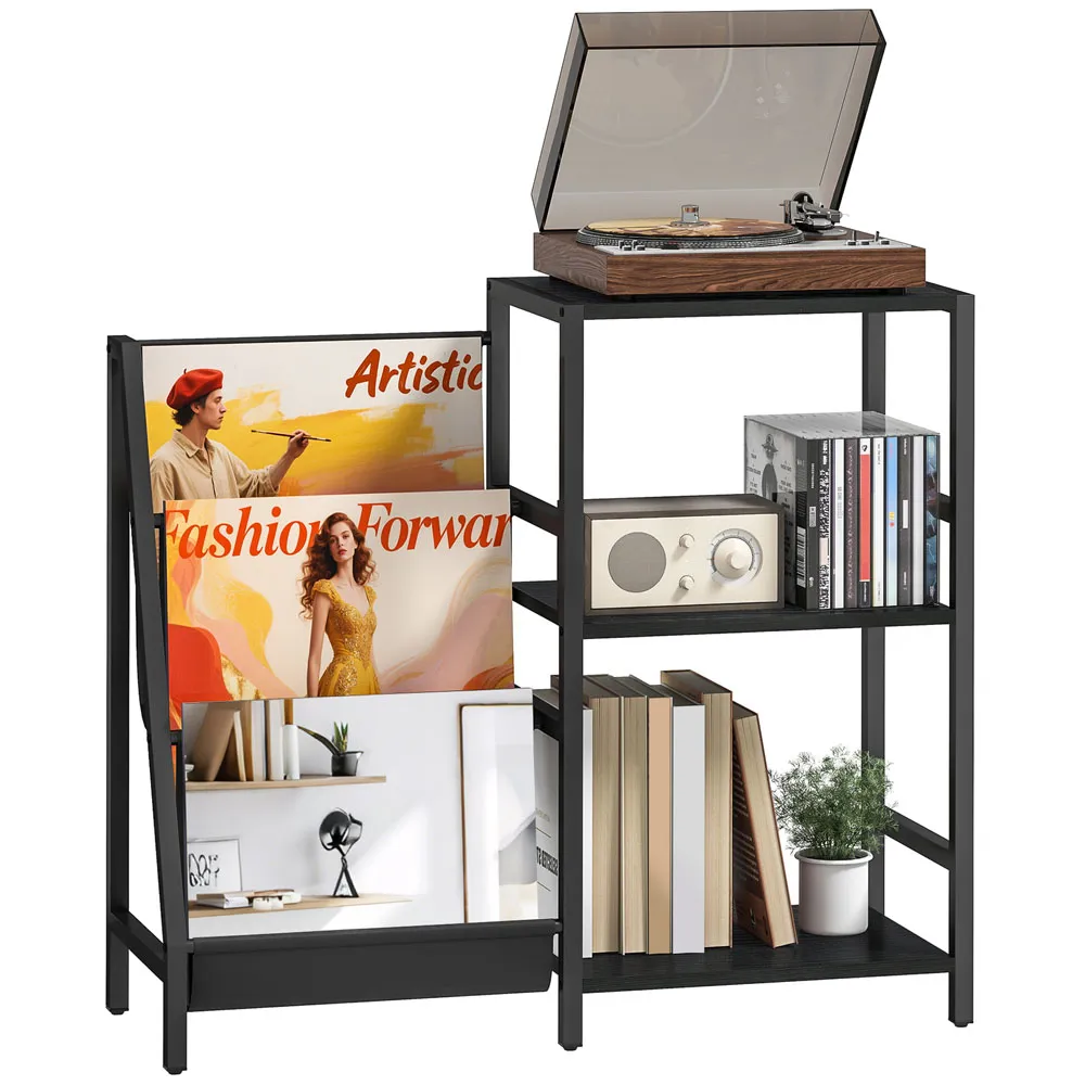 3-Tier Record Player Stand with Storage - Black