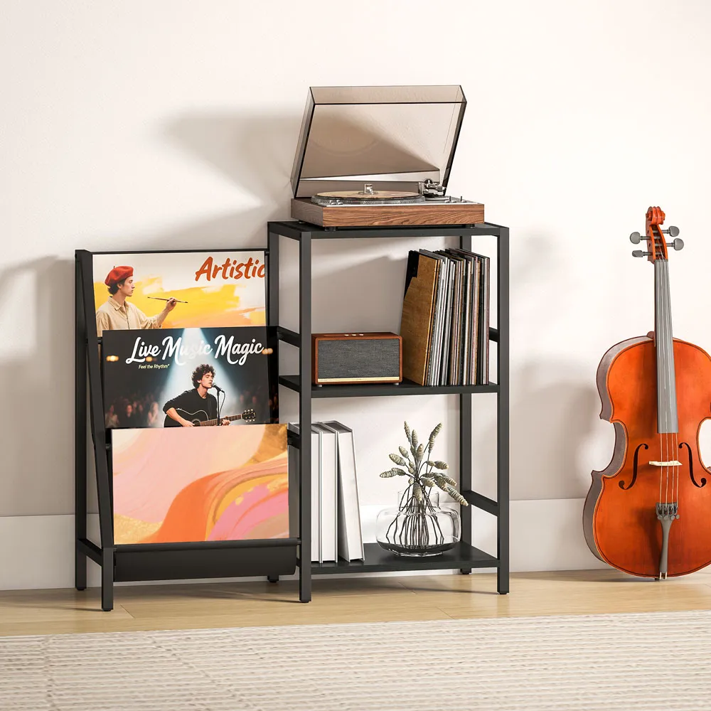 3-Tier Record Player Stand with Storage - Black