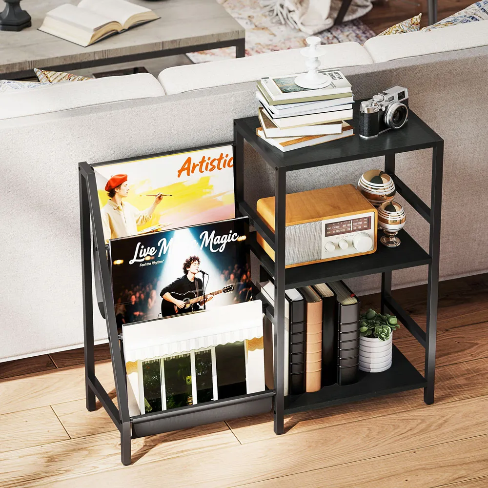 3-Tier Record Player Stand with Storage - Black