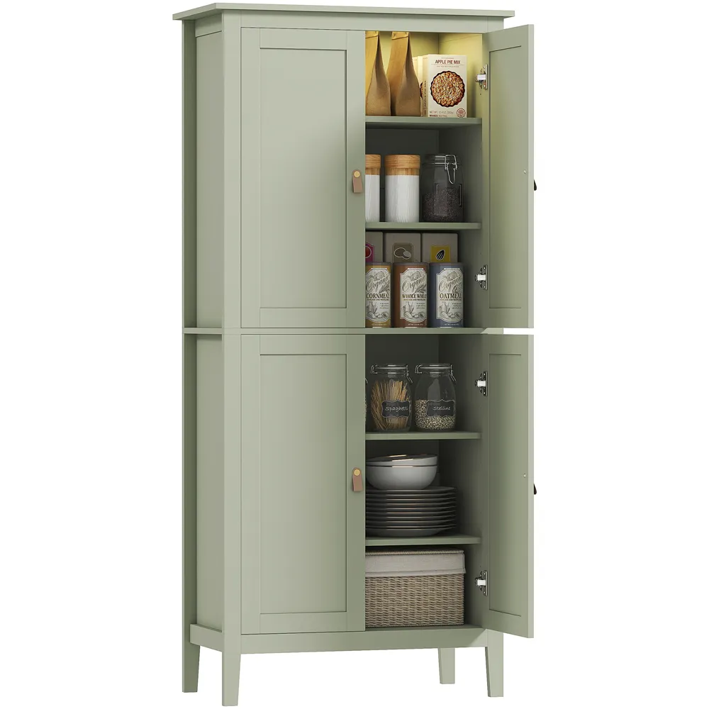 4 Door Tall Pantry Storage Cabinet with LED Light - Green