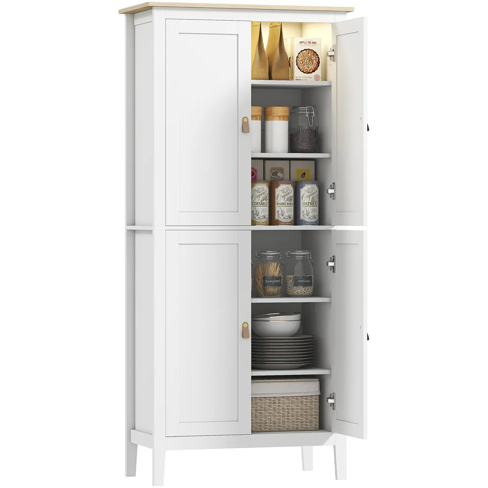 4 Door Tall Pantry Storage Cabinet with LED Light - White