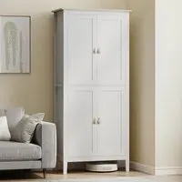 4 Door Tall Pantry Storage Cabinet with LED Light - White