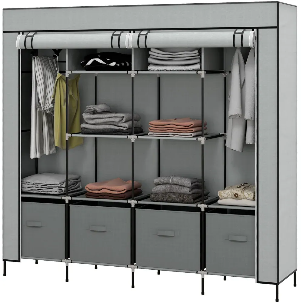 4 Drawer 8 Shelf Foldable Fabric Wardrobe - Grey