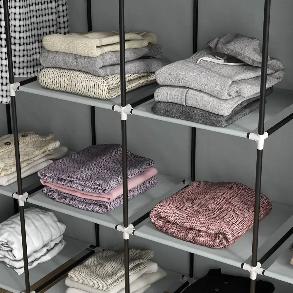 4 Drawer 8 Shelf Foldable Fabric Wardrobe - Grey