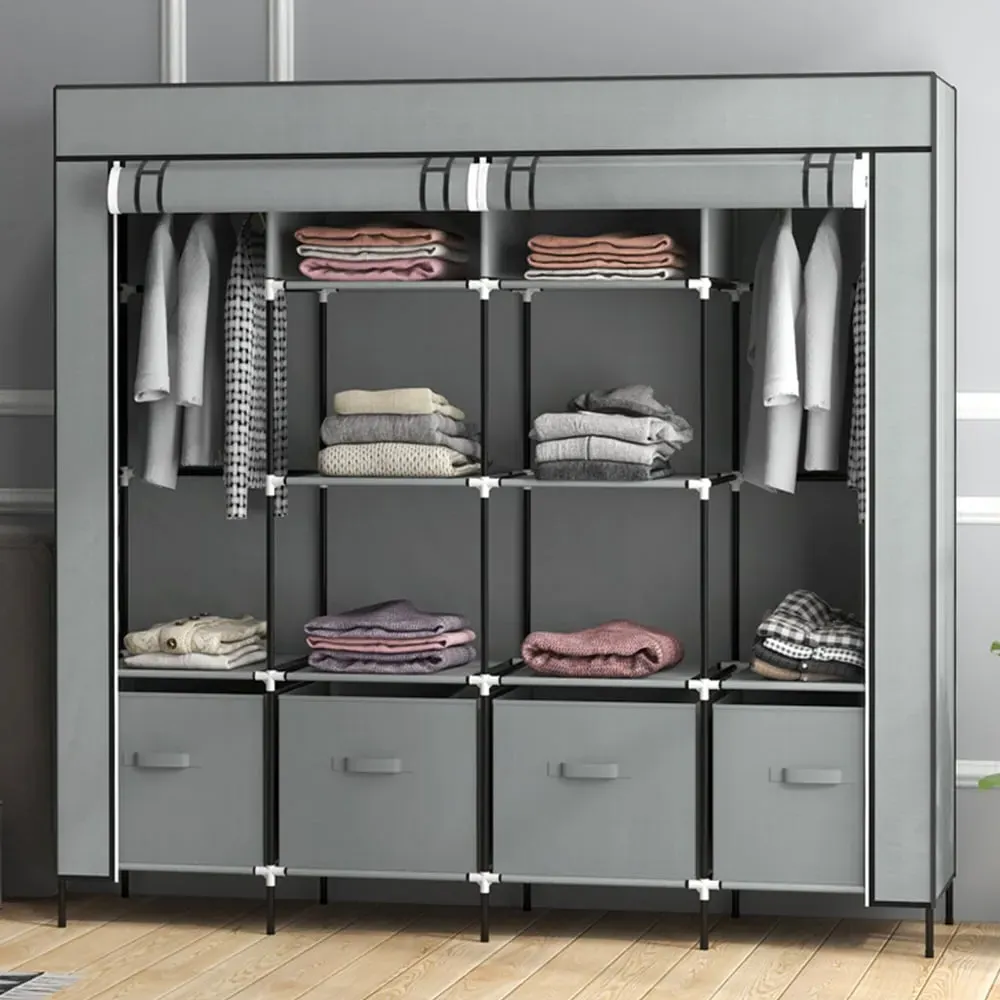 4 Drawer 8 Shelf Foldable Fabric Wardrobe - Grey