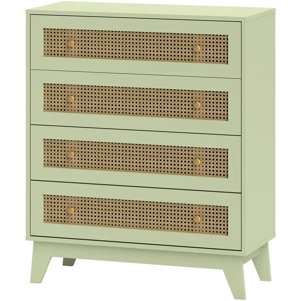 4 Drawer Chest of Drawers with Rattan Panels - Green, Particle Board