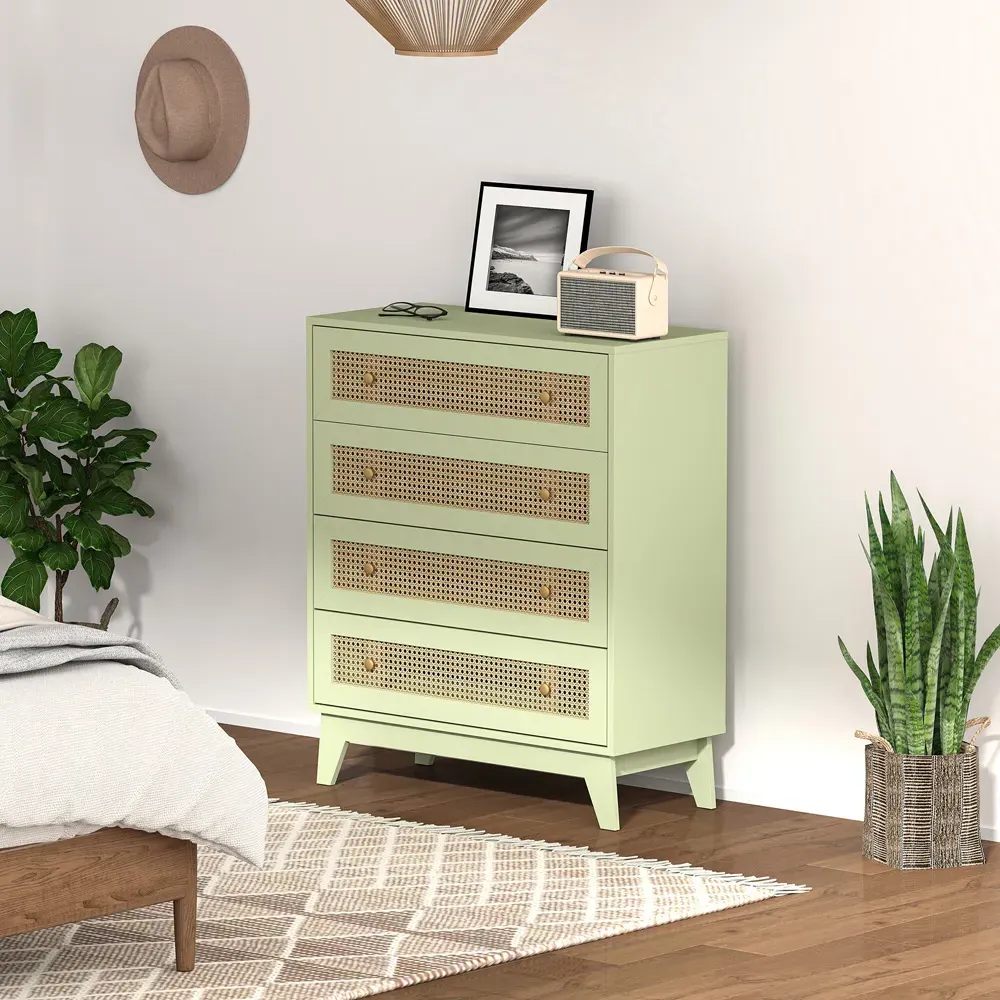 4 Drawer Chest of Drawers with Rattan Panels - Green, Particle Board