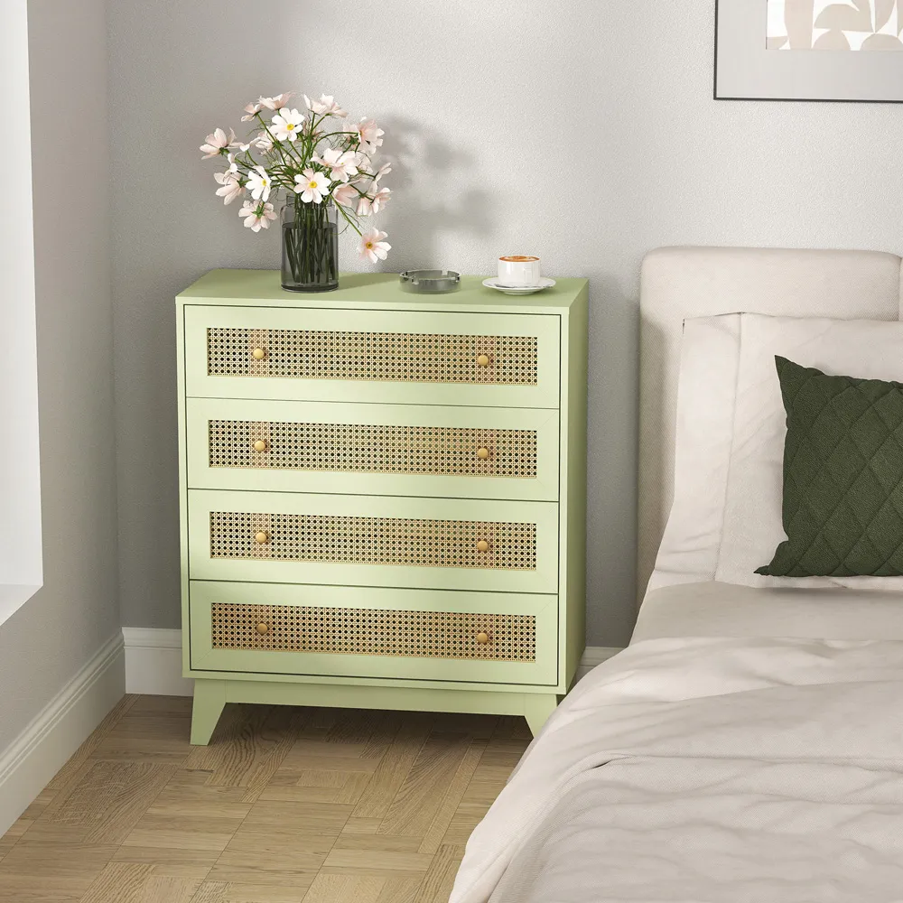 4 Drawer Chest of Drawers with Rattan Panels - Green, Particle Board