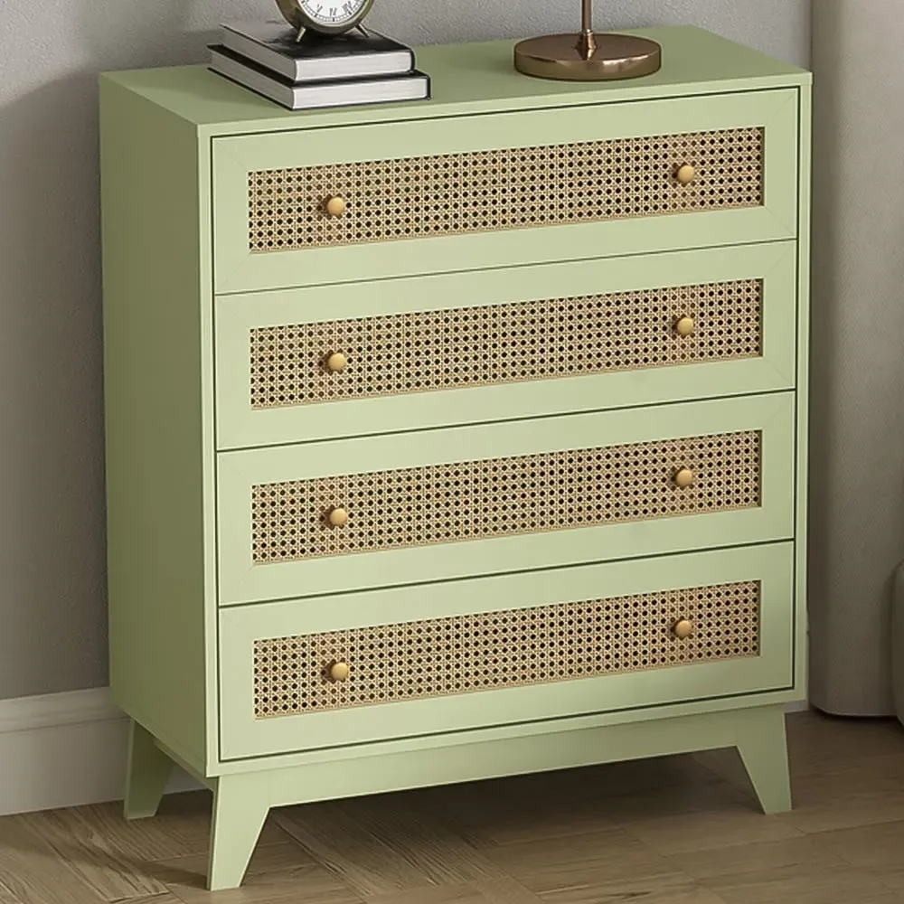 4 Drawer Chest of Drawers with Rattan Panels - Green, Particle Board