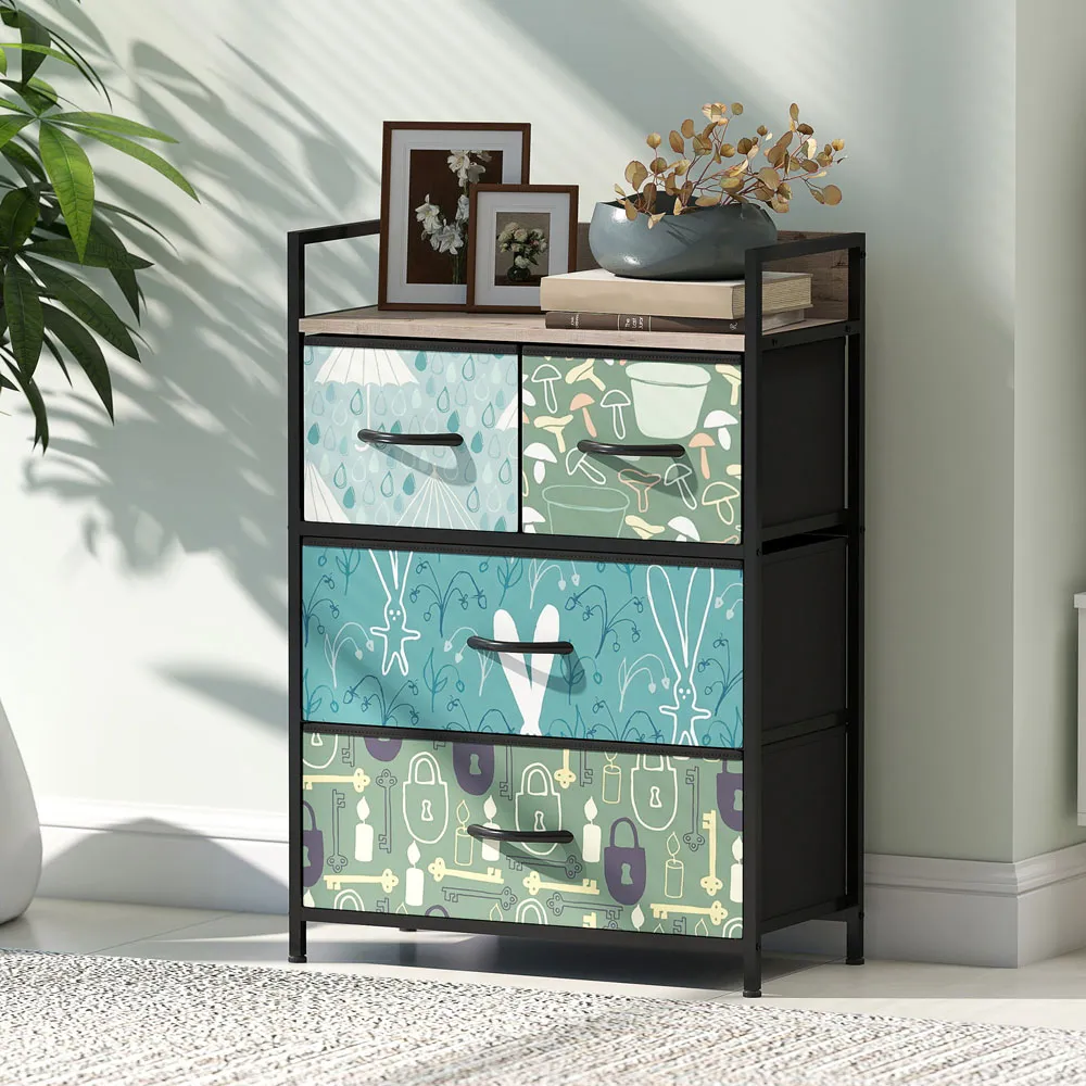 4 Drawer Chest of Drawers with Shelf - Blue, Fabric