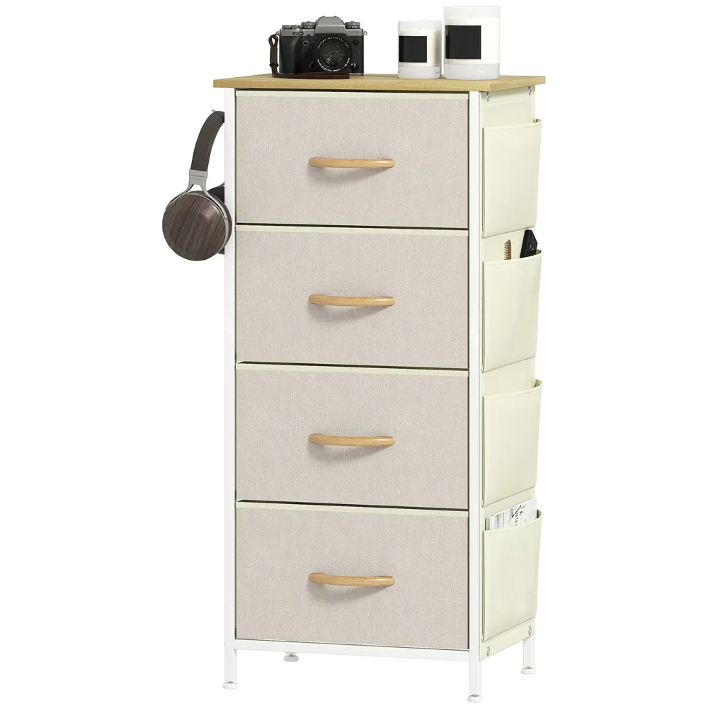 4-Drawer Chest of Drawers with Side Pockets - Beige, Fabric